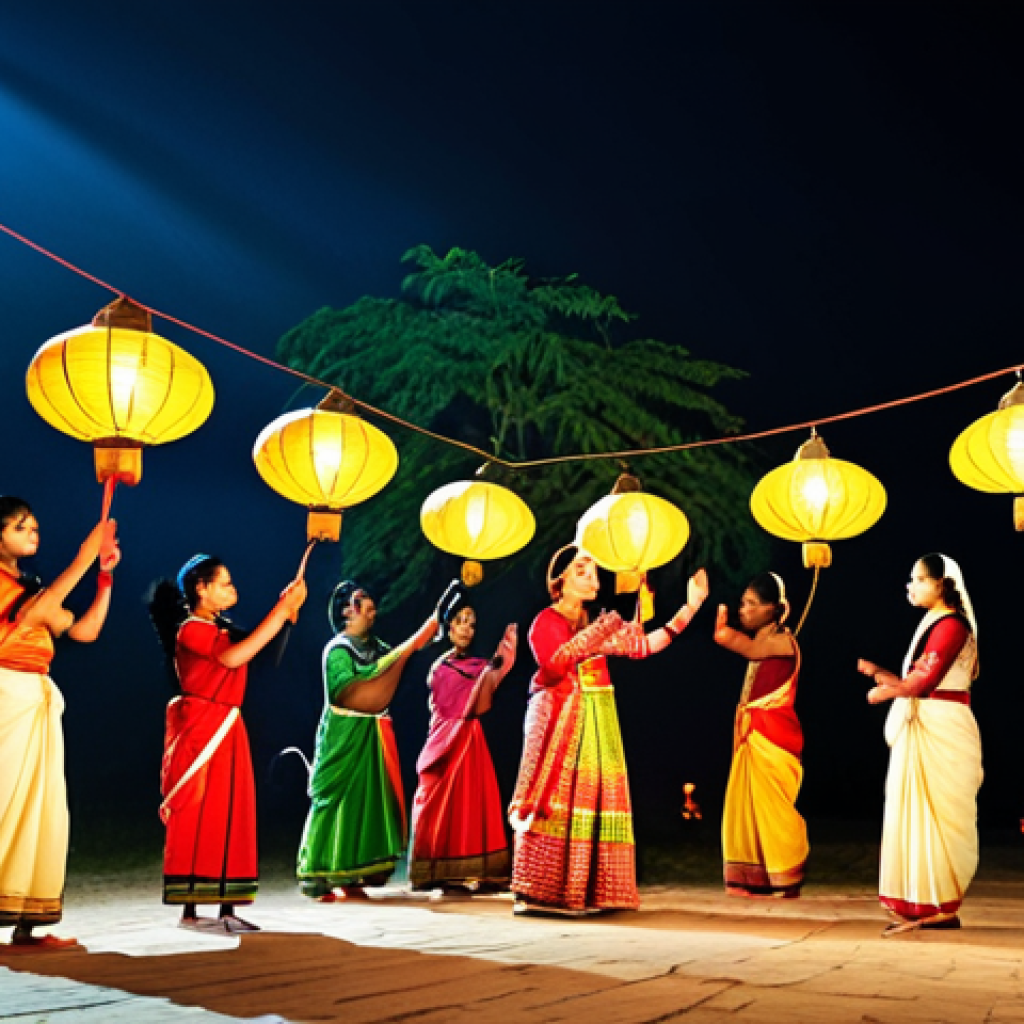 Rural Bengali Cultural Performance**
"A vibrant and colorful লোকনাট্য (folk drama) performance in a rural Bengal village at night. Actors in traditional costumes are performing on a stage illuminated by lanterns. Musicians are playing দোতারা (dotara) and ढोल (dhol). The audience is watching attentively, fully clothed, appropriate attire, safe for work, perfect anatomy, natural proportions, professional photography, high quality, family-friendly."
**