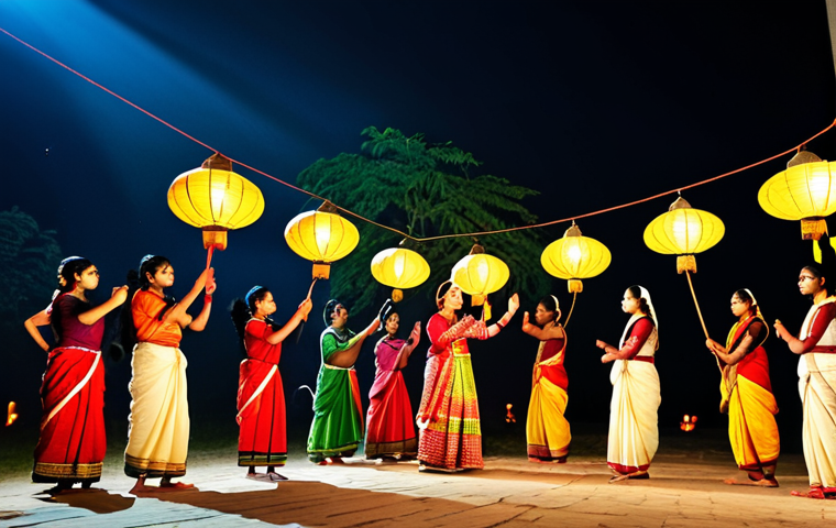 Rural Bengali Cultural Performance**
"A vibrant and colorful লোকনাট্য (folk drama) performance in a rural Bengal village at night. Actors in traditional costumes are performing on a stage illuminated by lanterns. Musicians are playing দোতারা (dotara) and ढोल (dhol). The audience is watching attentively, fully clothed, appropriate attire, safe for work, perfect anatomy, natural proportions, professional photography, high quality, family-friendly."
**