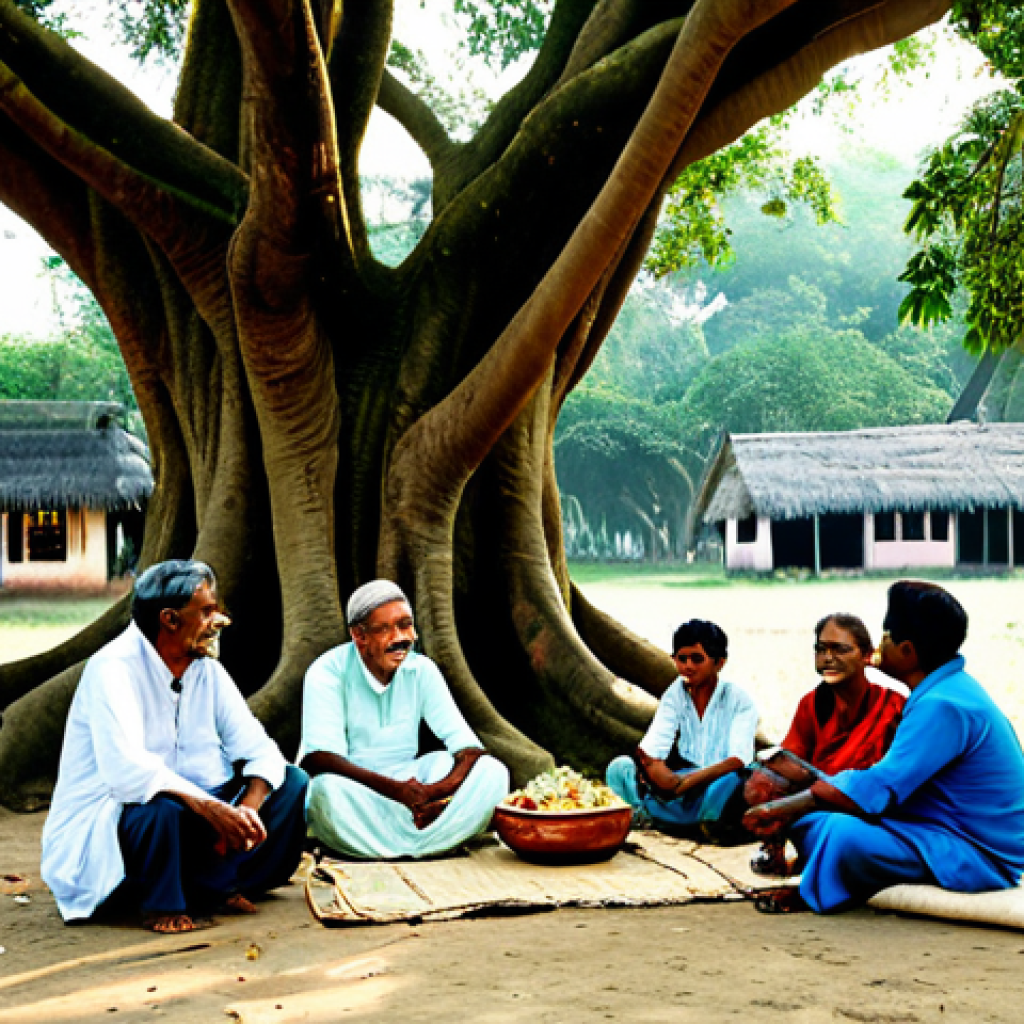 A group of village elders, fully clothed in traditional Bengali attire, sharing stories and wisdom with younger generations under a large banyan tree. The scene is set in a rural village with modest houses and lush greenery. Safe for work, appropriate content, family-friendly, professional photography, perfect anatomy, natural proportions.