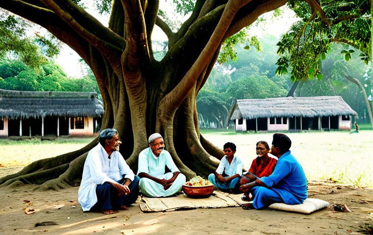 A group of village elders, fully clothed in traditional Bengali attire, sharing stories and wisdom with younger generations under a large banyan tree. The scene is set in a rural village with modest houses and lush greenery. Safe for work, appropriate content, family-friendly, professional photography, perfect anatomy, natural proportions.