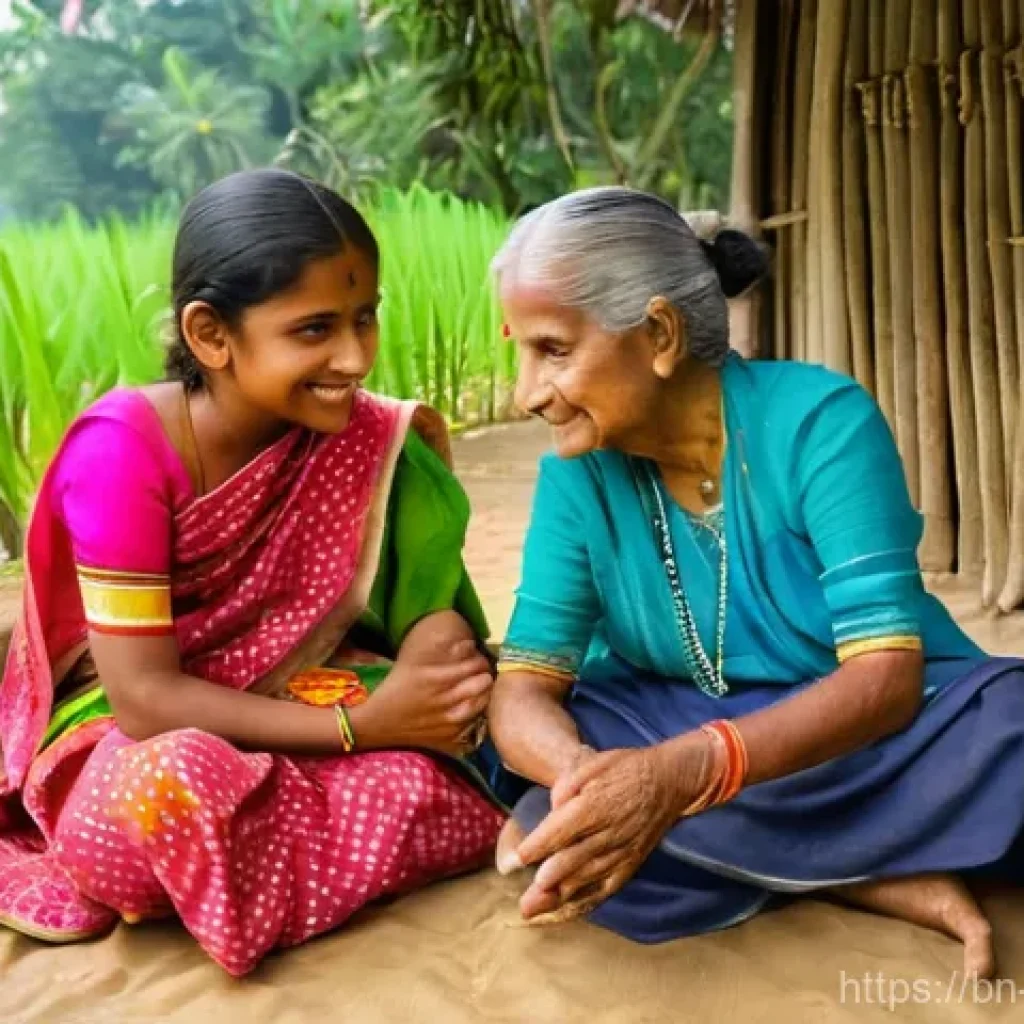구전지식 기록법을 위한 자원 관리 - **A heartwarming scene of oral tradition in a vibrant Bengali village setting.** An elderly Bengali ...