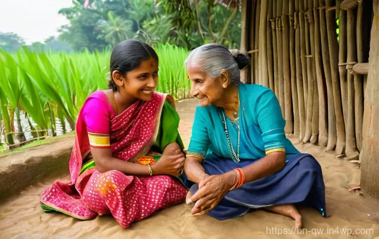 구전지식 기록법을 위한 자원 관리 - **A heartwarming scene of oral tradition in a vibrant Bengali village setting.** An elderly Bengali ...