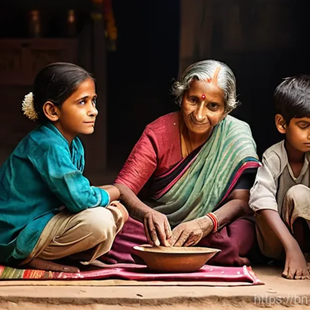 구전지식 기록법의 멘토링 프로그램 - **Prompt:** A heartwarming scene inside a traditional Bengali village home, where an elderly grandmo...