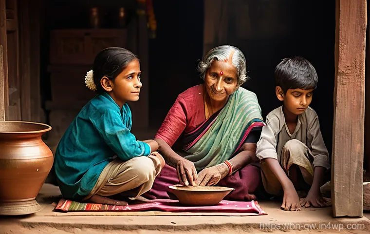 구전지식 기록법의 멘토링 프로그램 - **Prompt:** A heartwarming scene inside a traditional Bengali village home, where an elderly grandmo...