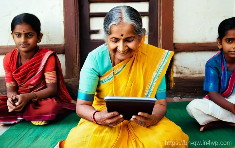 구전지식 기록법을 위한 커뮤니티 구축 - **Prompt:** A heartwarming scene inside a traditional Bengali home. An elderly Bengali grandmother (...