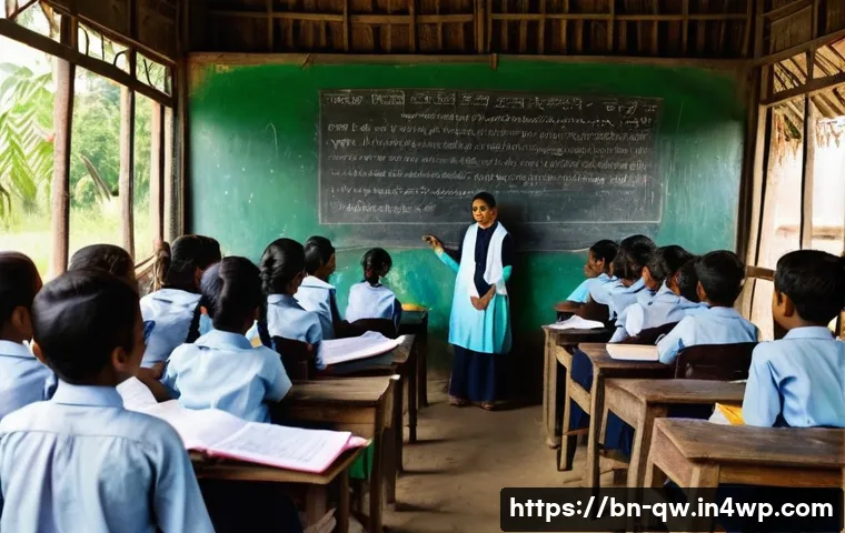 구전지식 기록법의 교육적 가치 - A vibrant classroom scene in a rural Bengali village where a diverse group of Bengali students, wear...