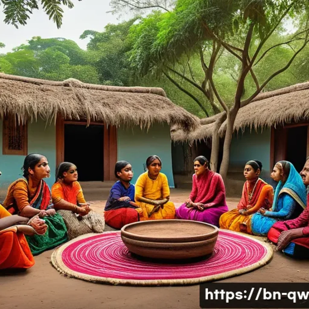 구전지식 기록법을 위한 교육 프로그램 개발 - A vibrant rural Bengali village scene depicting an intergenerational gathering where elderly folk ar...