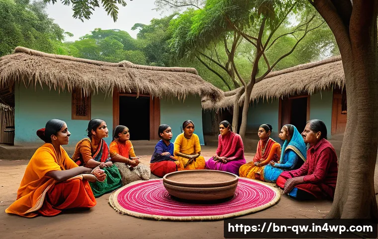 구전지식 기록법을 위한 교육 프로그램 개발 - A vibrant rural Bengali village scene depicting an intergenerational gathering where elderly folk ar...