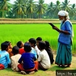 Home 22 구전지식 기록법의 인터뷰 형식 - A vibrant scene of an elderly Bengali villager narrating traditional folk stories to a group of atte...