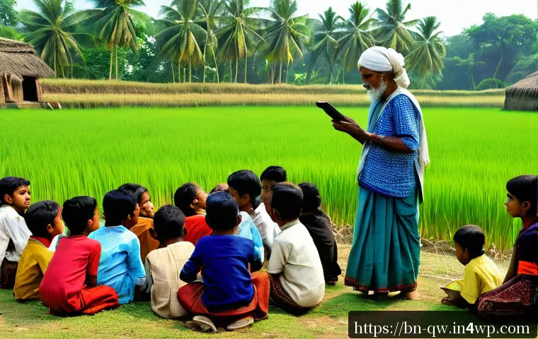 구전지식 기록법의 인터뷰 형식 - A vibrant scene of an elderly Bengali villager narrating traditional folk stories to a group of atte...