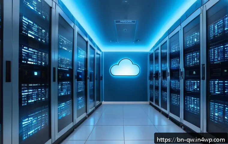 구전지식 기록법 활용 사례 - A modern digital data archive room with multiple cloud storage servers glowing softly in blue and wh...
