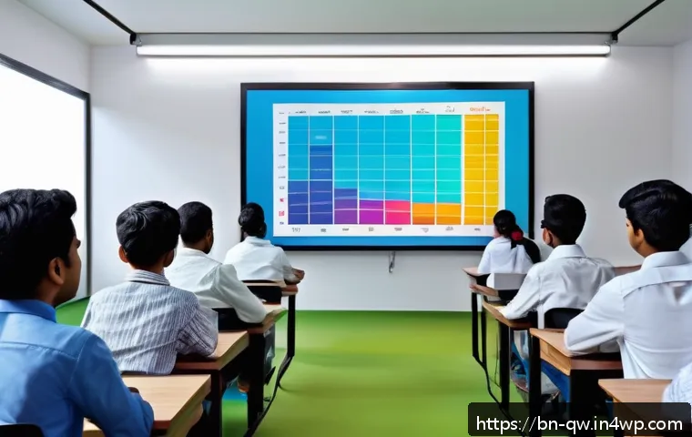 구전지식 기록법의 정보 시각화 기법 - A modern classroom scene with Bengali students attentively watching an interactive 3D infographic pr...