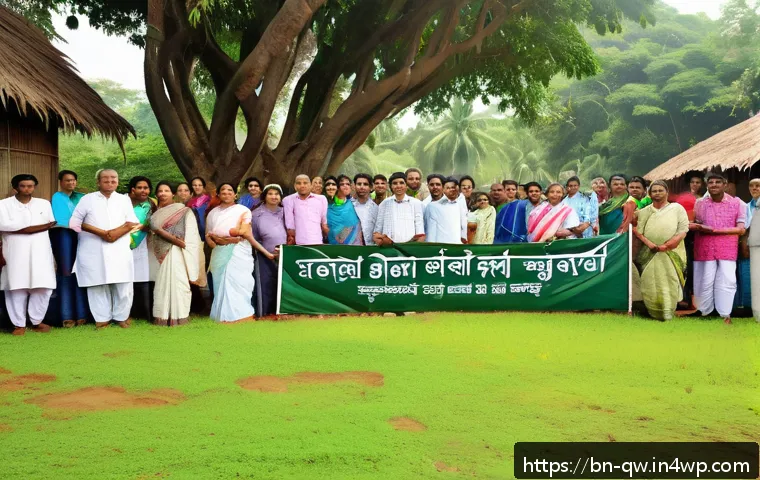 구전지식 기록법과 커뮤니티의 관계 - A vibrant rural Bengali village scene showing community leaders and educated youth organizing an awa...