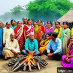 Home 18 구전지식 기록법의 문화적 측면 - A vibrant rural Bengali village scene during a traditional festival, featuring elderly villagers dre...