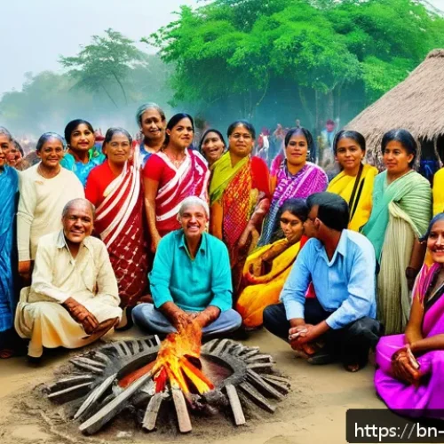 Home 30 구전지식 기록법의 문화적 측면 - A vibrant rural Bengali village scene during a traditional festival, featuring elderly villagers dre...