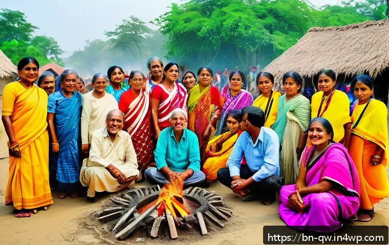 구전지식 기록법의 문화적 측면 - A vibrant rural Bengali village scene during a traditional festival, featuring elderly villagers dre...